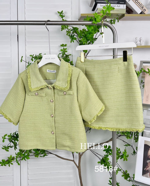 HELLO Elegant Vintage Two Piece Set Single Breasted Top with Mini Skirt